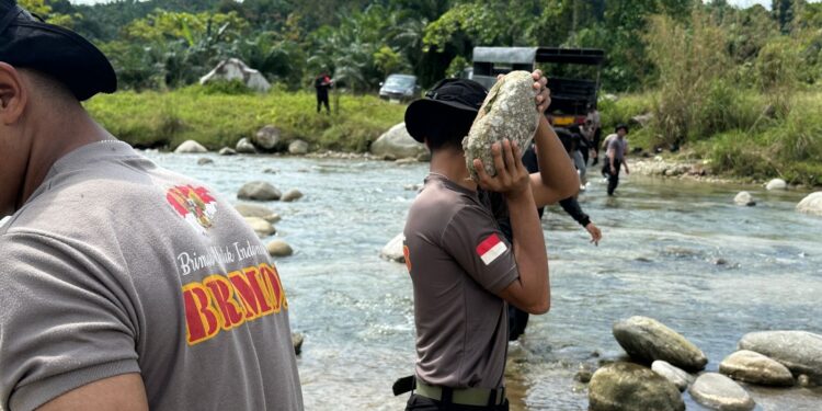 Personel Batalyon D Pelopor Laksanakan Pengangkatan Material Bebatuan untuk Perbaikan Jembatan Gantung di Dusun Salusule Hari Ke 4